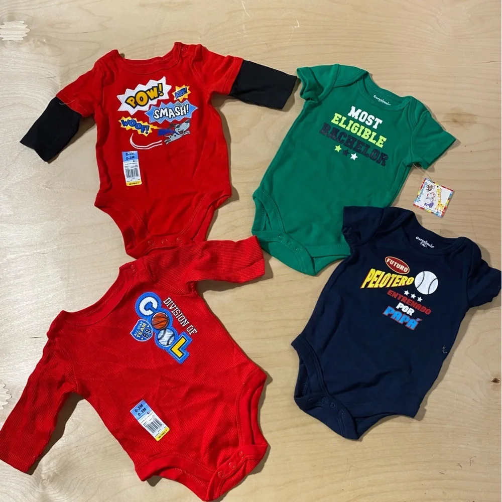 4 Garanimals Comic and Sports Baby Bodysuits - Red, Green, Navy 0-3M (OQ)
